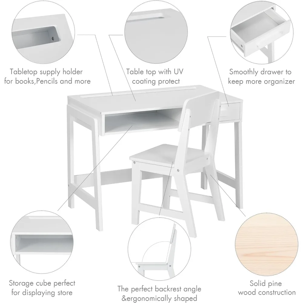 Kids Desk and Chair Set with Drawers, Wooden Children Study Table, Student Writing Desk Computer Workstation for Bedroom