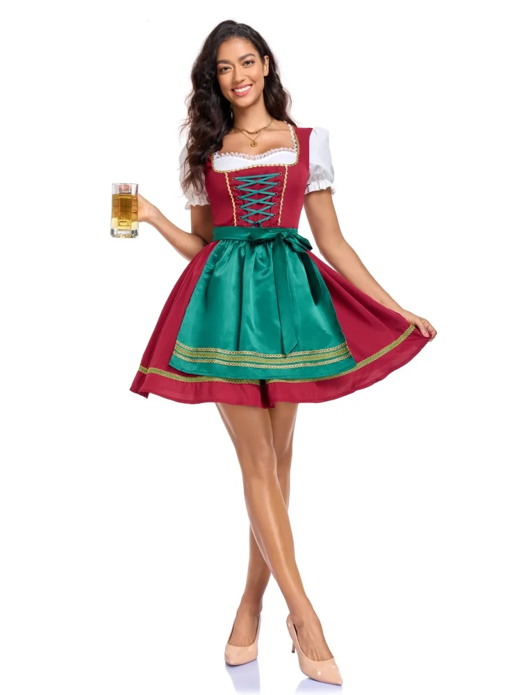 Damen Oktoberfest Puffärmel-Kleid Bayerisches Dirndl Grünes Satin-Schürzen-Outfit Festival Karneval Party Kostüm 2026 – Detail 6