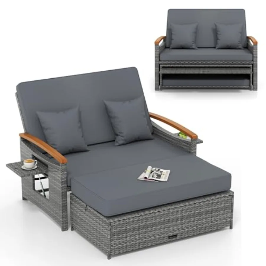 

Outdoor wicker daybed for poolside backyard porch use, rattan material, beige color, 4-level adjustable backrest and folding st