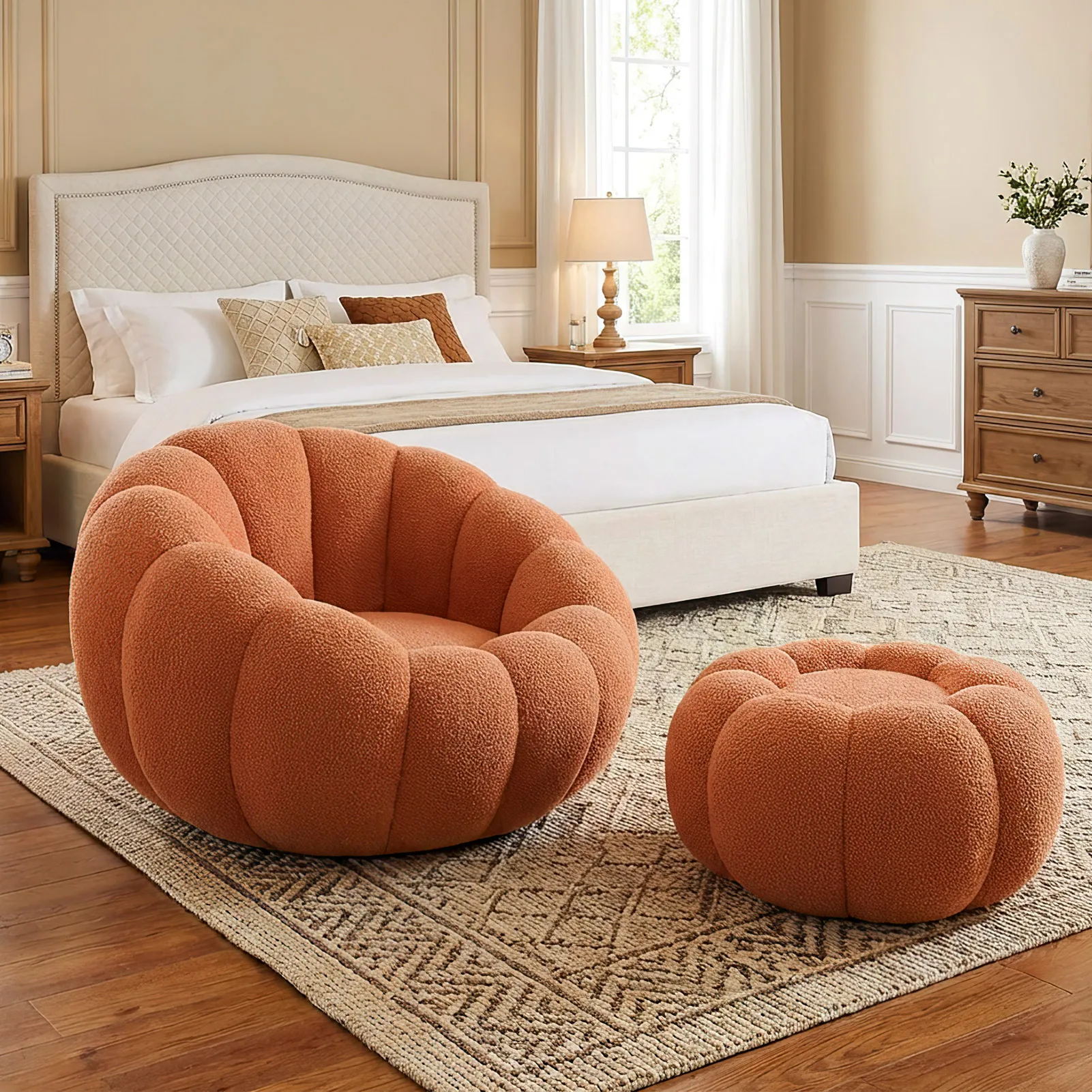 Single Sofa Chair Pumpkin Shape Round Chair Accent Reading Relaxing Modern Lounge with Footstool Brown Pumpkin Shape Sofa