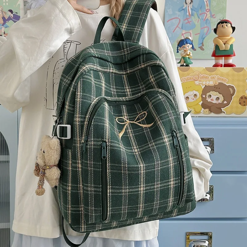 Japanese Artistic Casual Mori Girl Backpack Winter Retro Checkered Backpack Campus Students Schoolbags Outdoor Travel Rucksack
