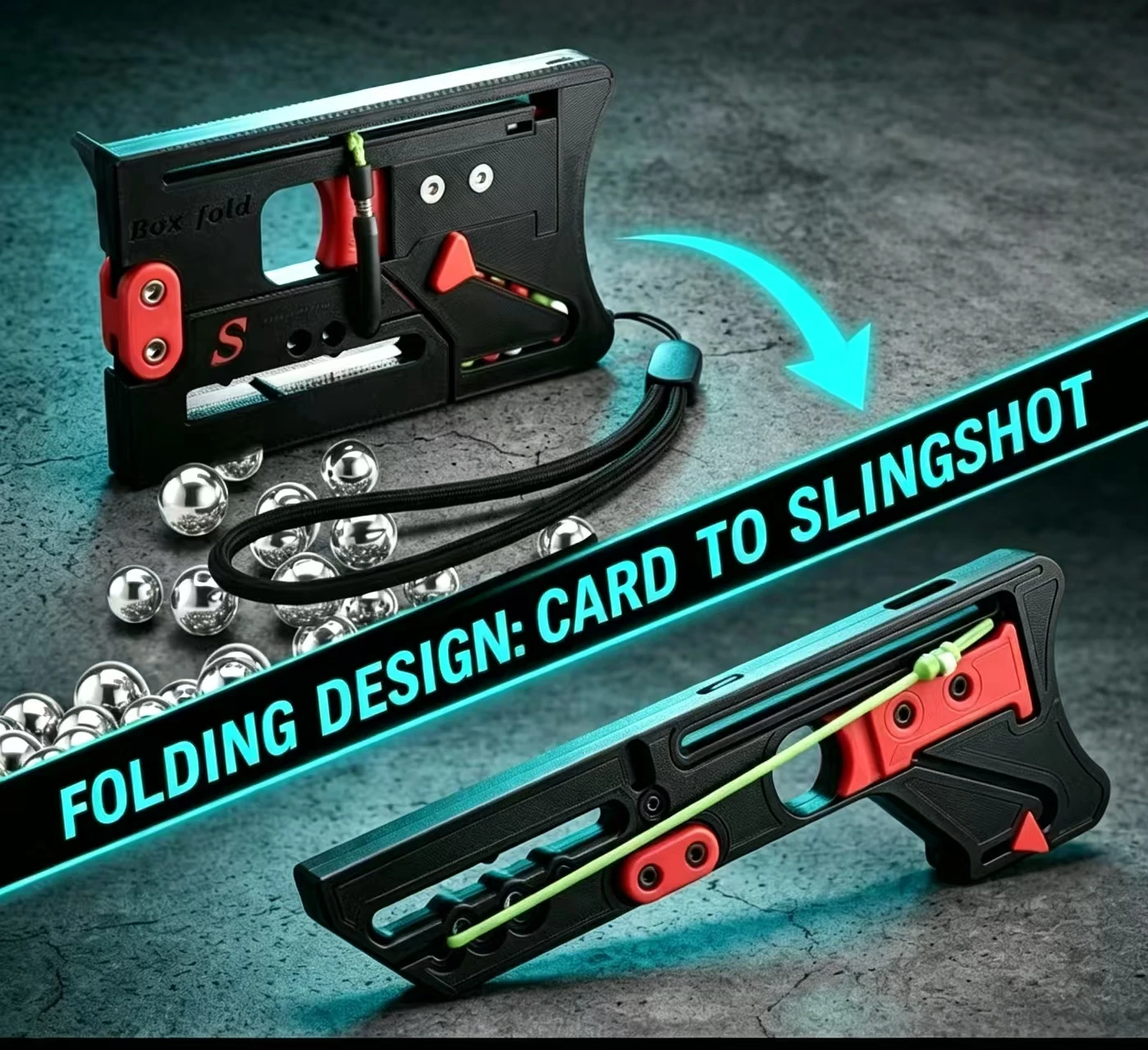 Portable foldable slingshot with wrist support design, lightweight handheld outdoor practice tool, comes with 120 6mm marbles, suitable for camping and recreational shooting.