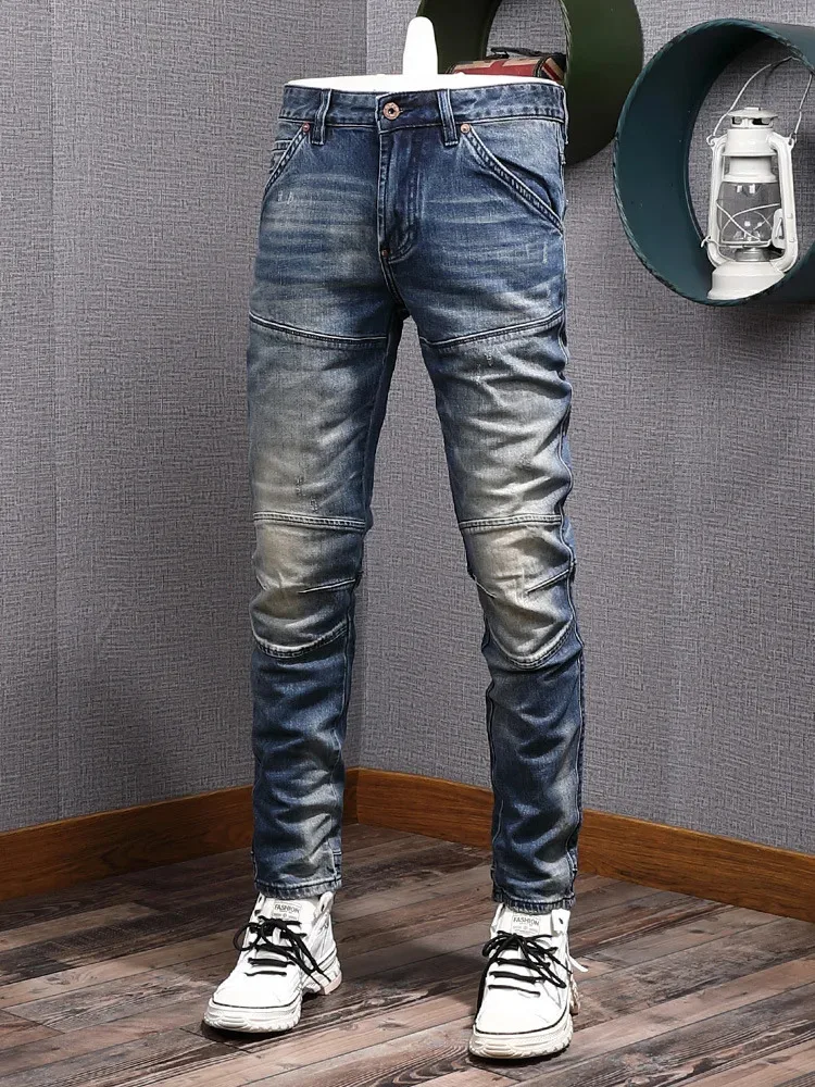 Herfstmode herfstmode Splicing retro blauwe slim fit jeans heren motorfietsstijl nostalgische gewassen broek met kleine pijpen