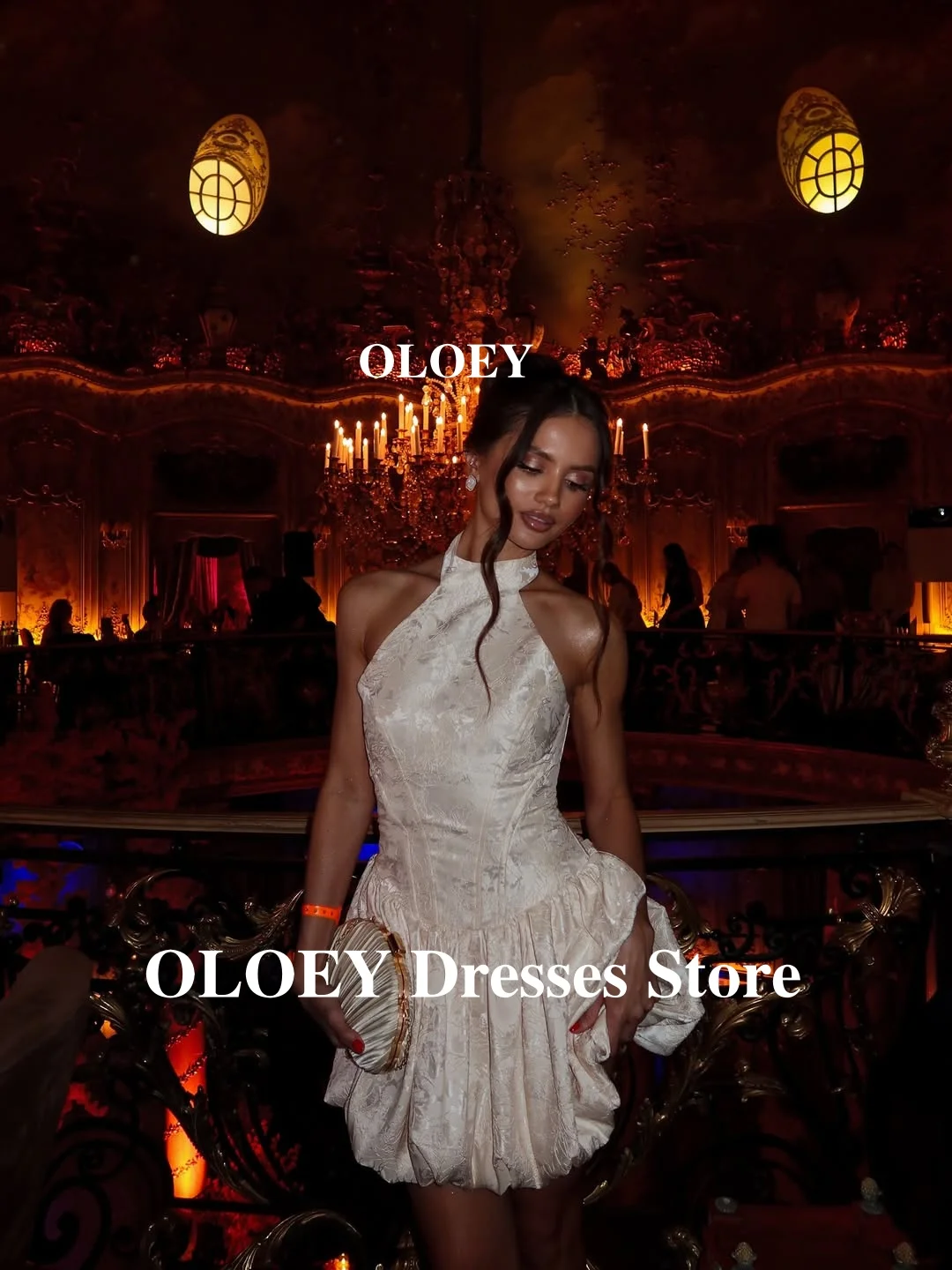 OLOEY Elegant Printed Mini Short Prom Party Dresses Women High Neck Classic Cocktail Dress Formal Event Gowns Wedding Ivory