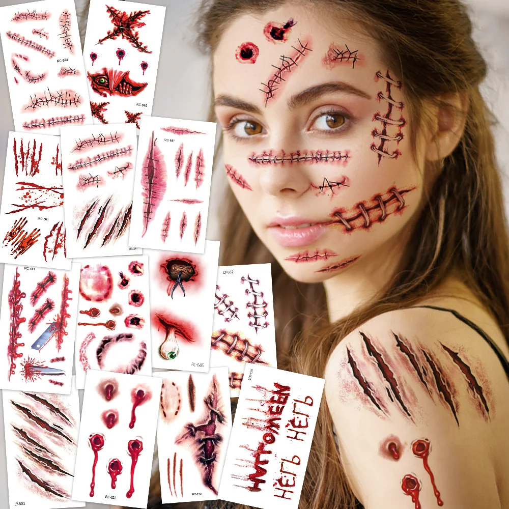 32 قطعة من الوشم المؤقت للندبات المزيفة ثلاثية الأبعاد للهالوين - تصاميم الجرح الدموي والزومبي للوجه/الجسم والحفلات التنكرية والمزحة والكوسبلاي ​