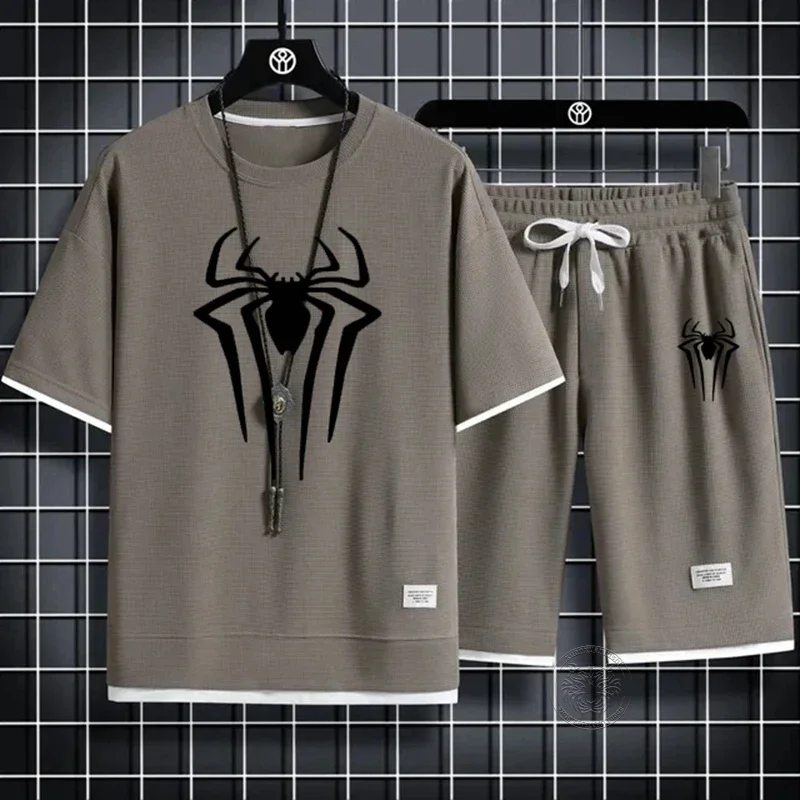 

Summer Men's Spider Print T-shirt + Shorts Suit Casual Two-piece Waffle Sportswear 2024 Fashionable and Comfortable Suit M-3XL