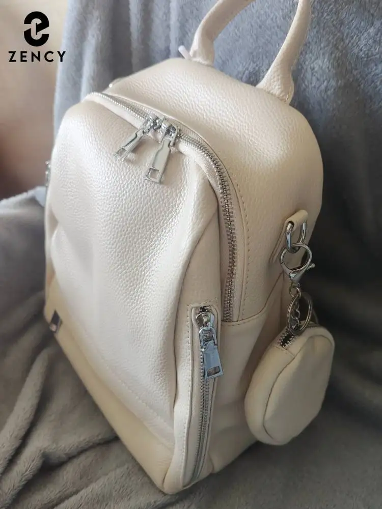 Zency Genuine Leather Women's Small Backpack High Quality Ladies Beige Shoulder Bag Satchel Rucksack Multifunctional Pockets