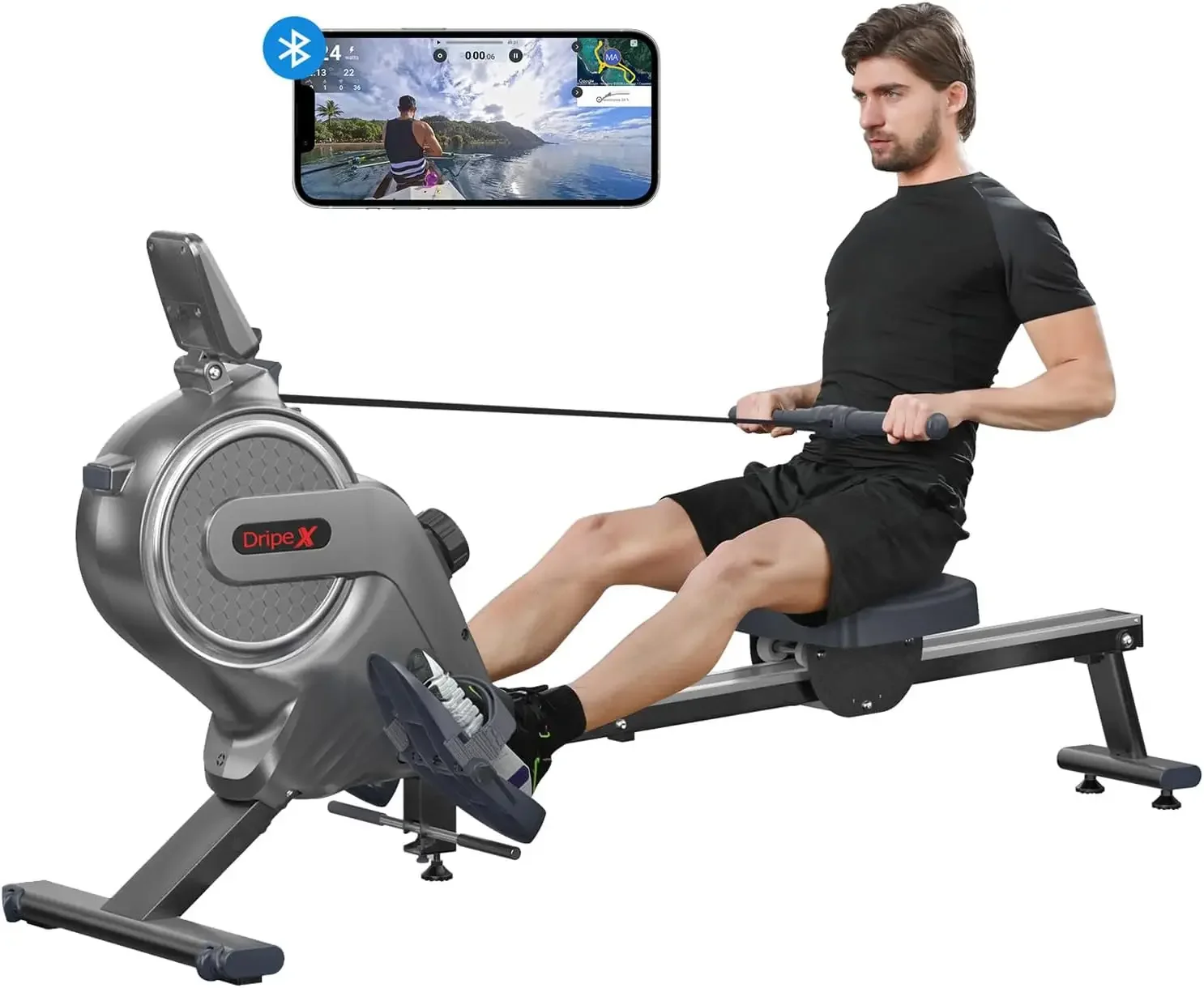 Magnetic Rowing Machine for Home Use, Super Silent Indoor Bluetooth Rower with 16-Level Adjustable Resistance, Double Alu