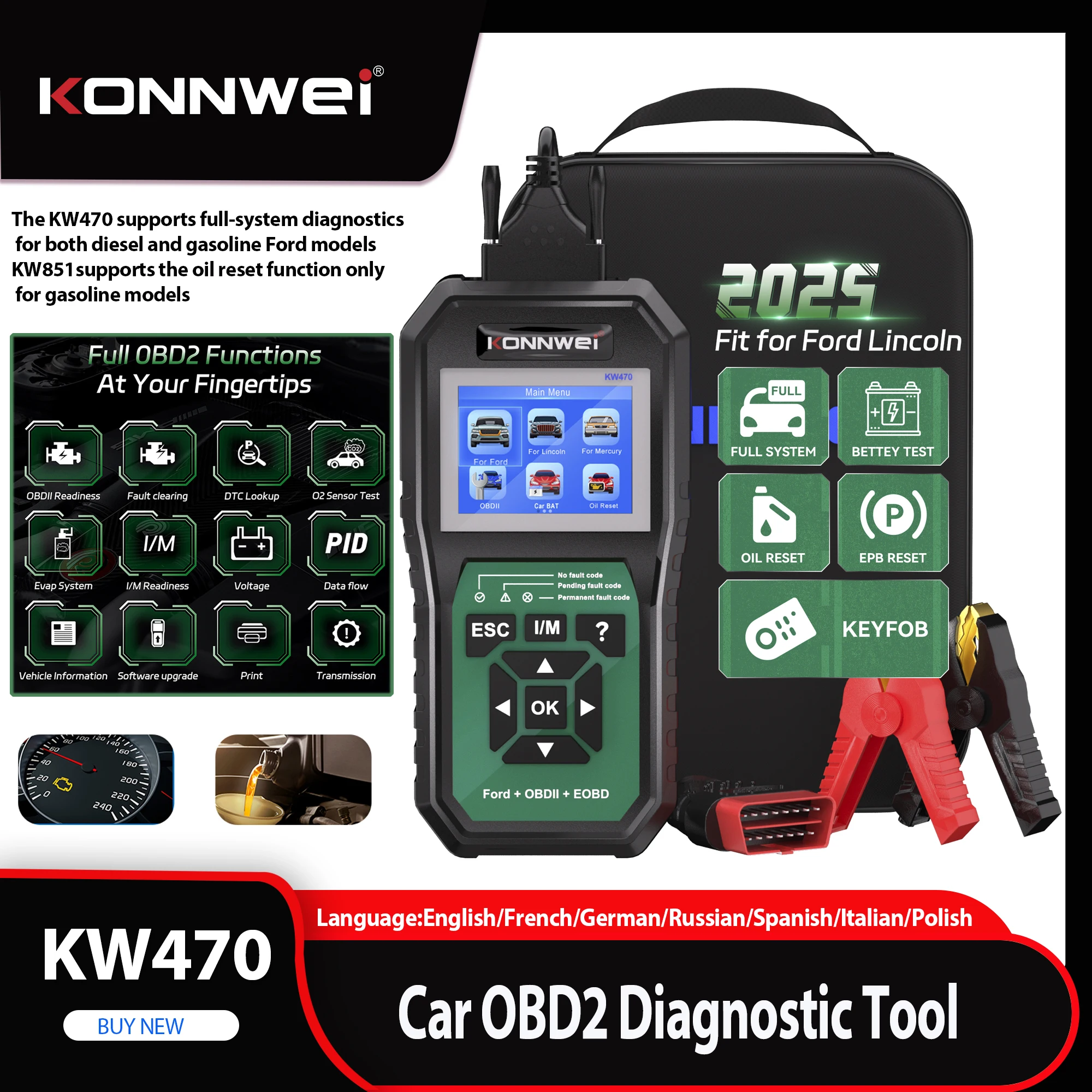 KONNWEI KW851/KW470 Car OBDII Scanner Car Engine Fault Code Reader Oil Reset I/M Readiness  Universal Diagnostic Scan Tool
