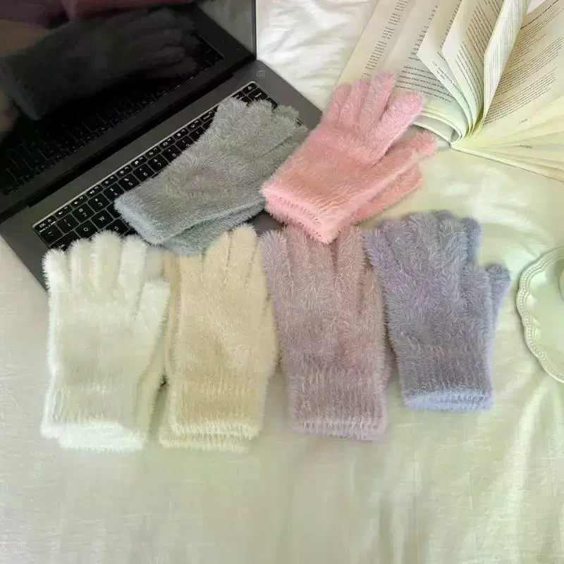 تقليد فرو المنك قفازات محبوكة شتاء دافئ سميكة المخملية خمسة أصابع قفازات النساء في الهواء الطلق الدراجات بلون القفازات #3