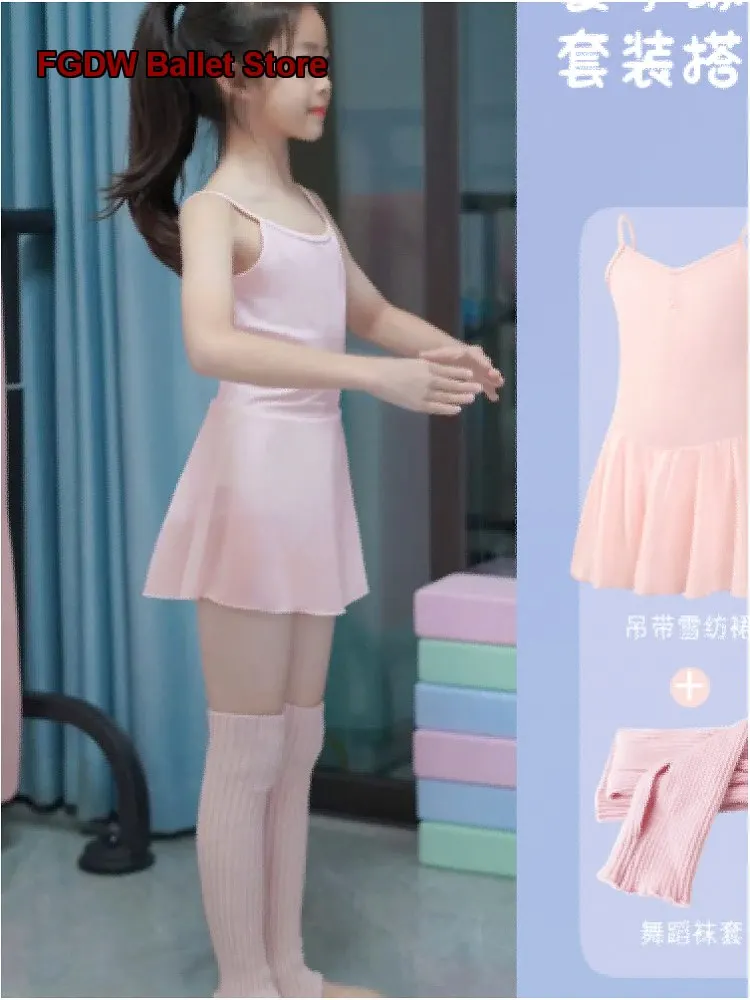 Children's Girls Dance Dress Spaghetti Strap Practice Leotard Art Exam Gymnastics Leotard Closed Crotch Dance Pink Half Skirt