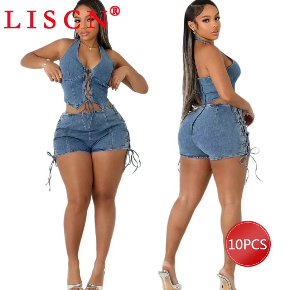 10 Bulk Items Wholesale Lots Denim Two Piece Set Womens Outfits 2026 Summer Sleeveless Bandage Top + Shorts Tracksuits K16851