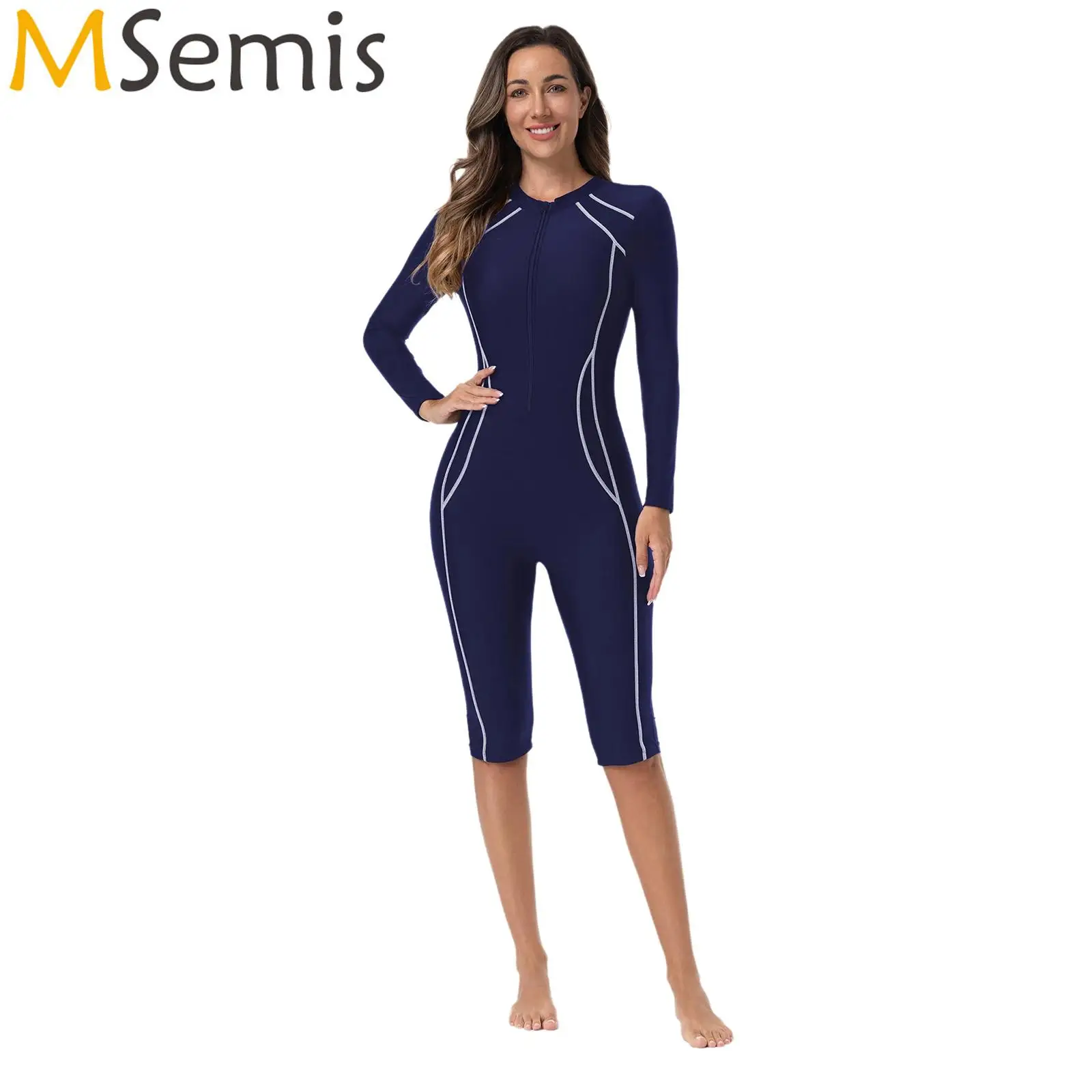 

Womens Athletic Wetsuit Swimsuit One-piece Rash Guard Swimwear Long Sleeves Zipper Jumpsuit Surfing Diving Beach Bathing Suit
