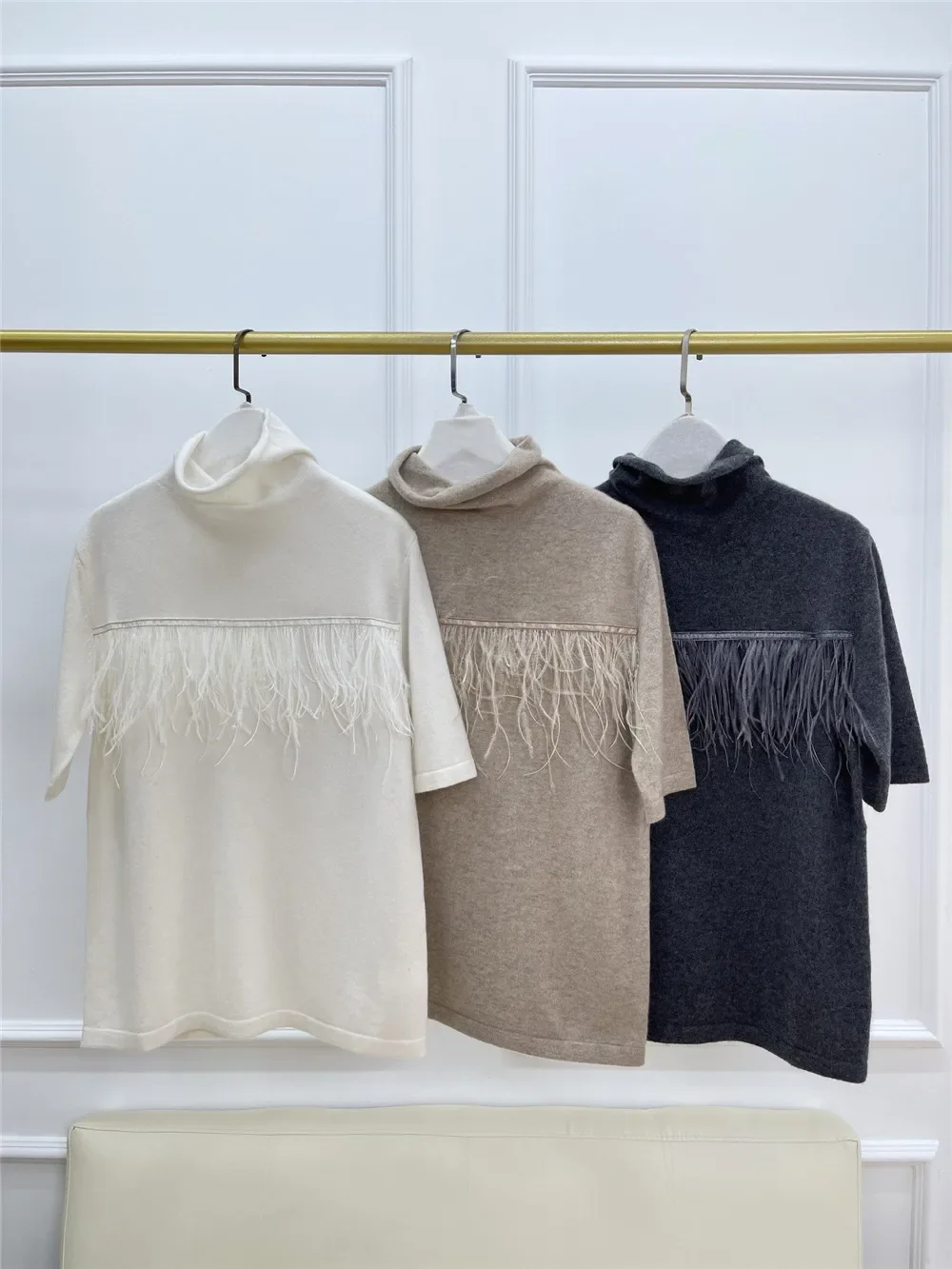 

100% Cashmere Women Half Turtleneck Sweater Beaded Feather Tassel Short Sleeve Casual Autumn Knitted Pullover