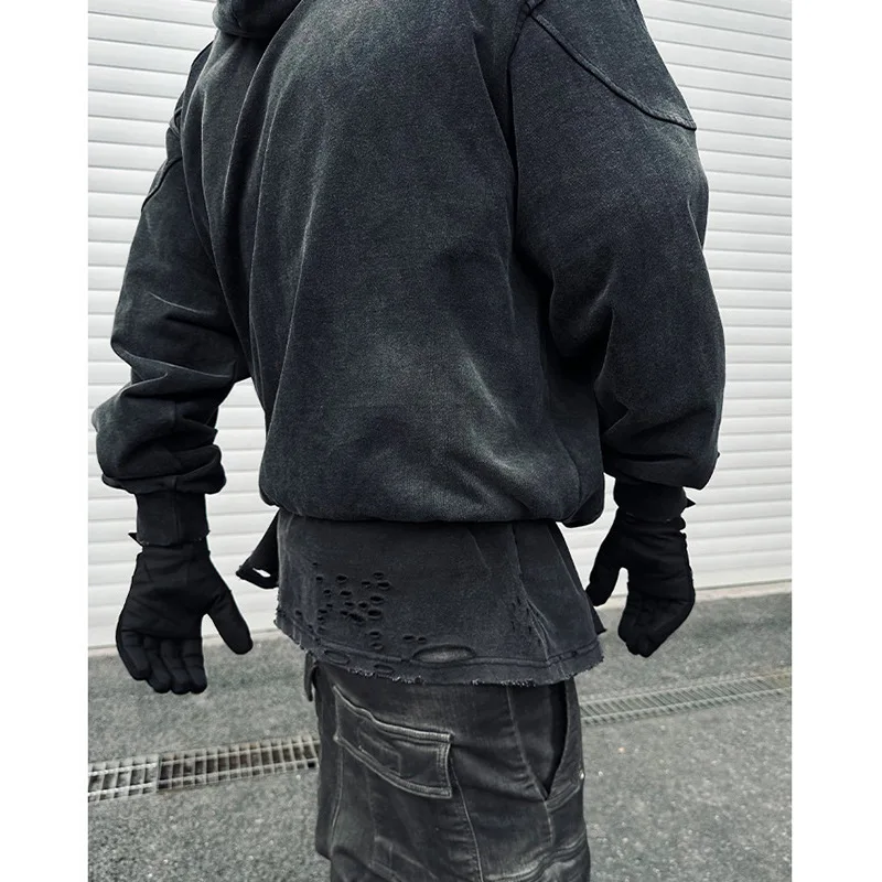 Autumn Winter Double Line Washed Worn, Ripped Hole, Shoulder Zipper Hoodie, Hooded Loose Cardigan