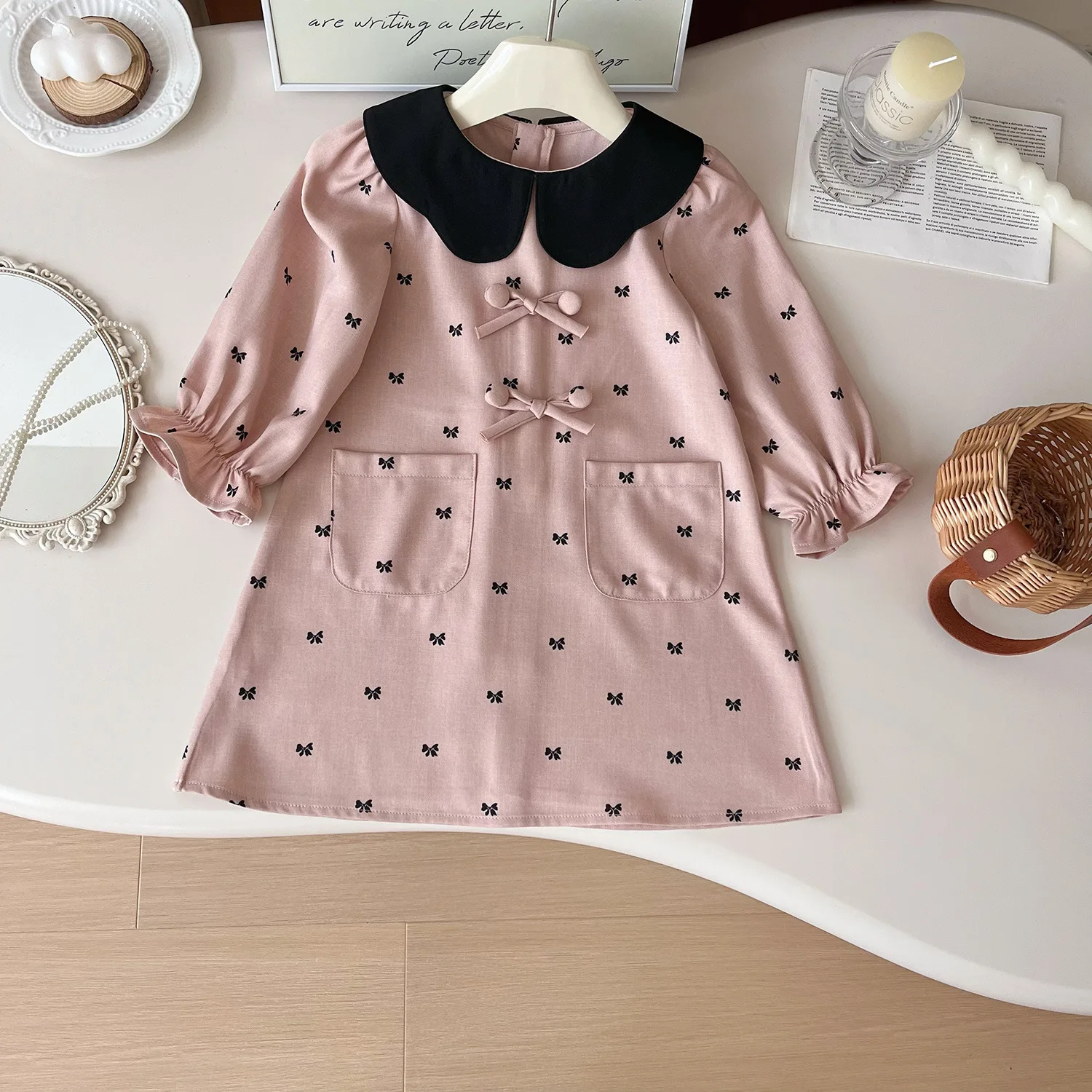 Bow button Princess dress with doll collar Bow print pocket dress kids clothes Spring and autumn dress  girl clothes