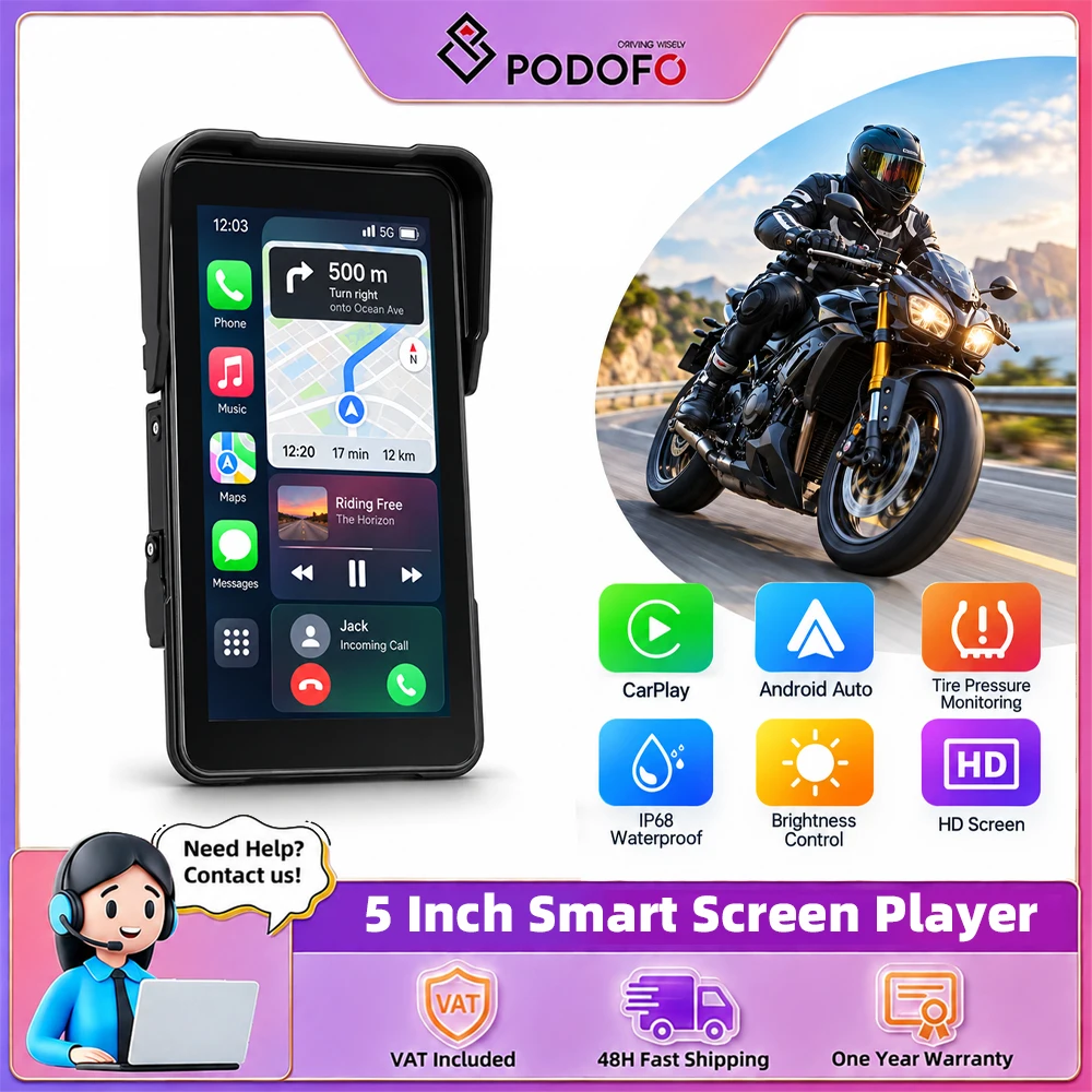 Podofo, cruscotto digitale per moto da 5 pollici, con Carplay wireless, Android Auto, lettore multimediale portatile, resistente all’acqua (IP68), radio HD, sistema stereo e sistemi di assistenza alla