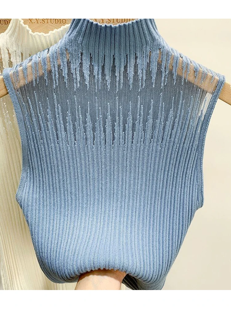 شبكة محبوك المرأة Y2K تانك القمم سترة الإناث سترة صوف من دون أكمام شيك قطع الشارع الشهير الصلبة نحيل الأبيض صديرية دائرية 2025