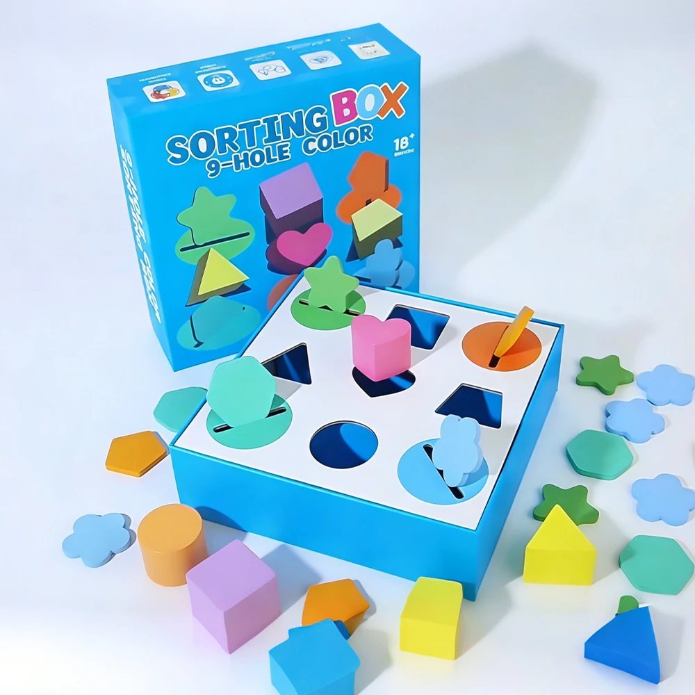 9-Loch-Farben-Form-Sortierkasten, Montessori-Lernspielzeug für Kinder, Form, Farberkennung, passendes Puzzle, STEM-Lernspielzeug