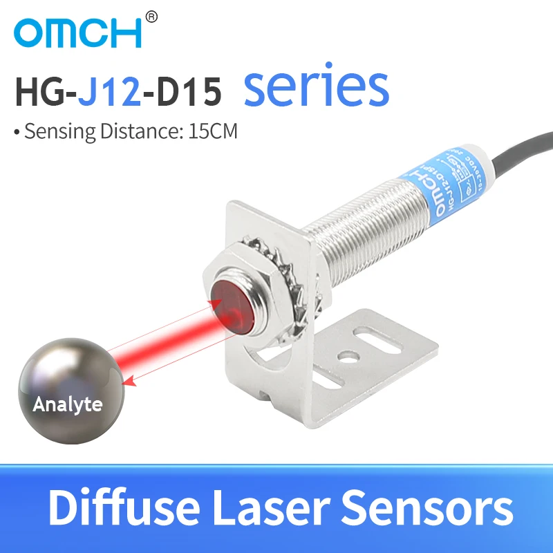 OMCH HG-J12-D15 Photoelectric Switch Light Laser Sensor M12 Diffuse 15cm Adjustable Detection Range 20-150mm PNP NPN 3-wire