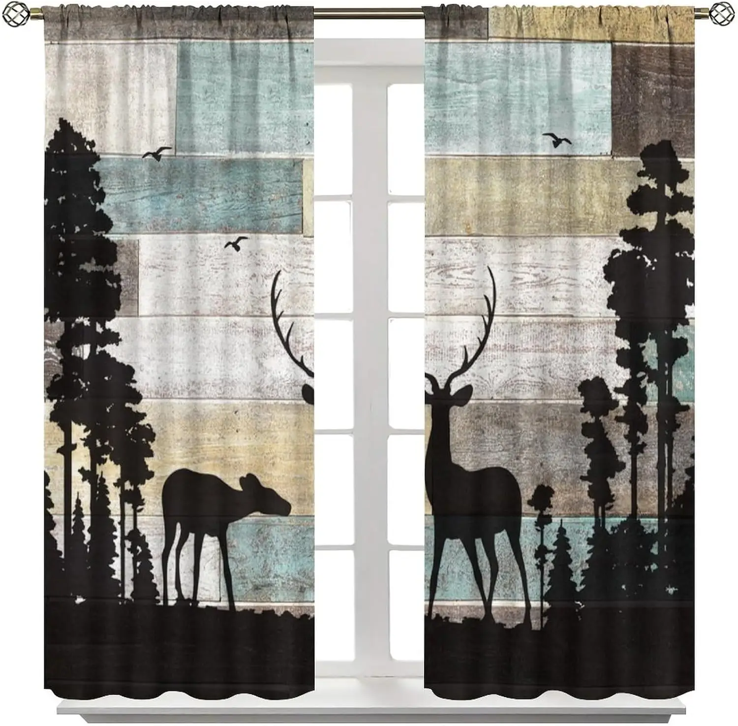 Vintage Deer and Elk Curtains: Rustic Forest Wildlife Hunting Window Drapes for Living Rooms, Bedrooms, and Cottages Boys Girls