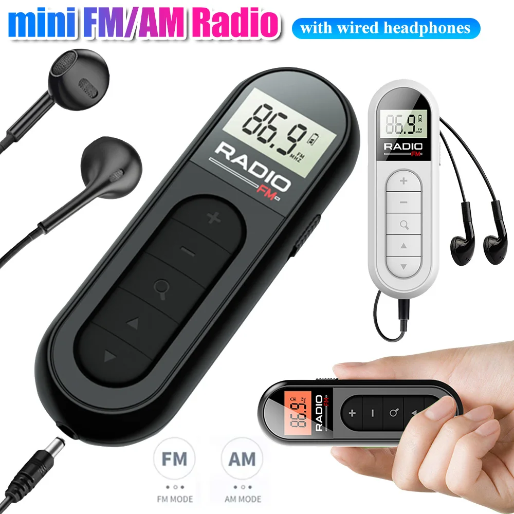 FM Radio Backlight LCD Display Mini Pocket Clip Radio with 3.5mm Headphones Personal Walkman Radio for Walk Jogging Camping