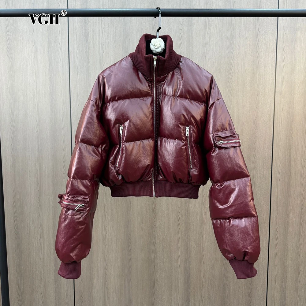 VGH American Style Solid Spliced Zipper Down Coats For Women Lapel Long Sleeve Loose Minimalist Warm Coat Female Fashion New