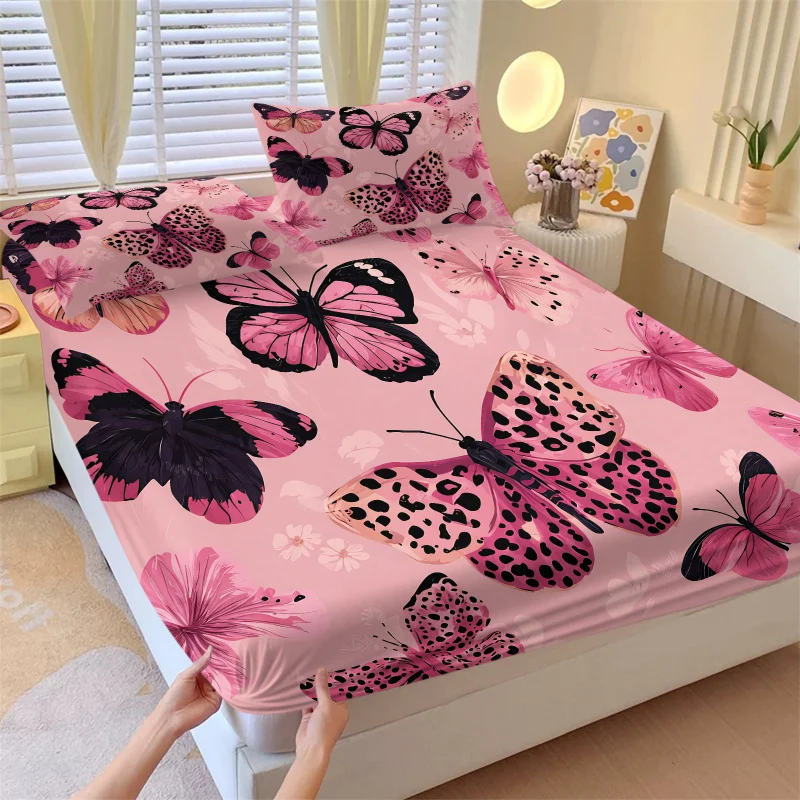 Pink Leopard Butterfly Fitted Sheet Set Deep 3D Print Bed Skin-friendly Girl Bedding Set Y2K Bedroom Decor Twin Queen King Size