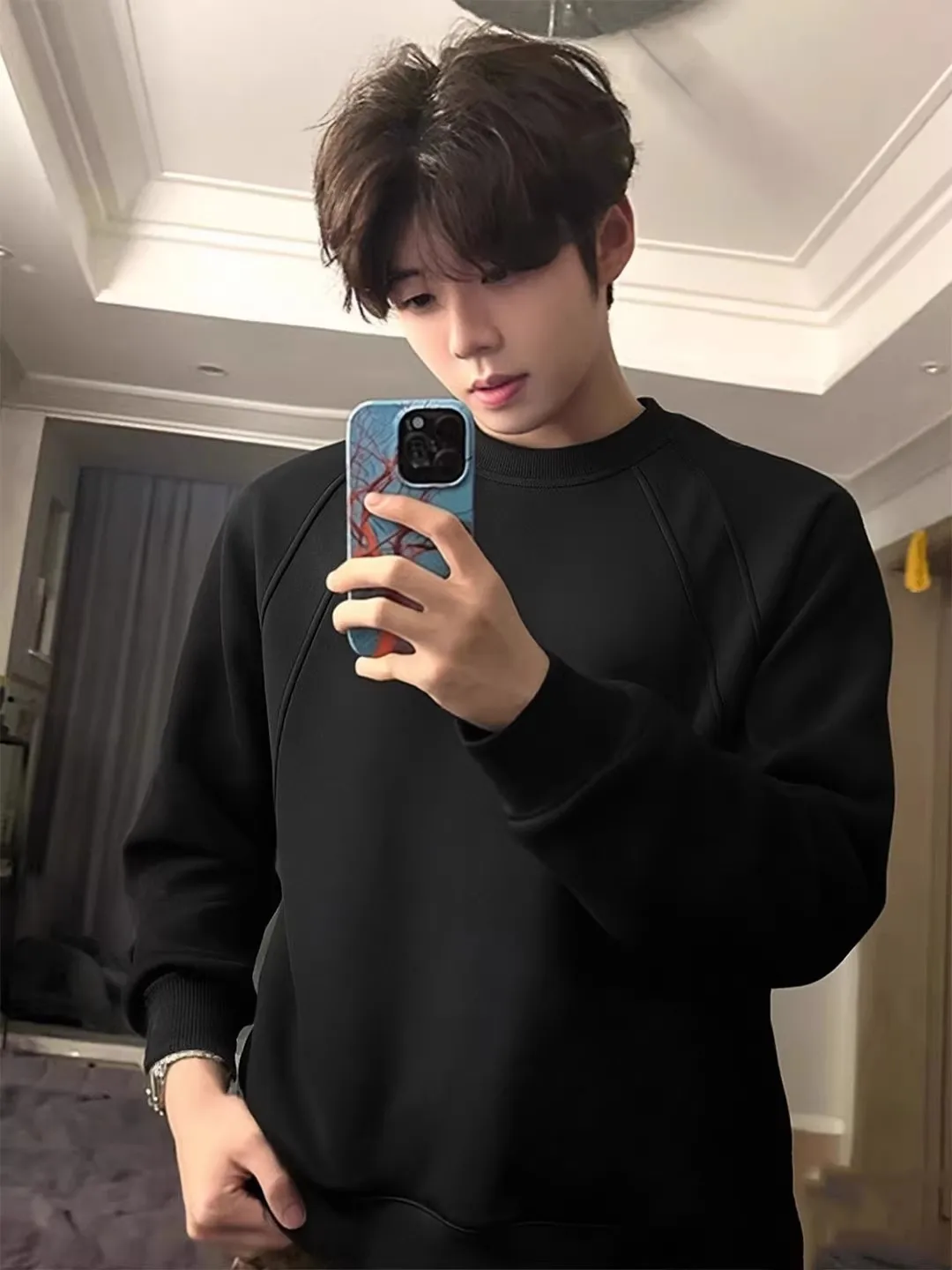 Men's Grey Long Sleeve T-Shirt round Neck Sweatshirt Heavyweight Deconstructed Shoulder Base Shirt Casual Fashion Autumn Winter