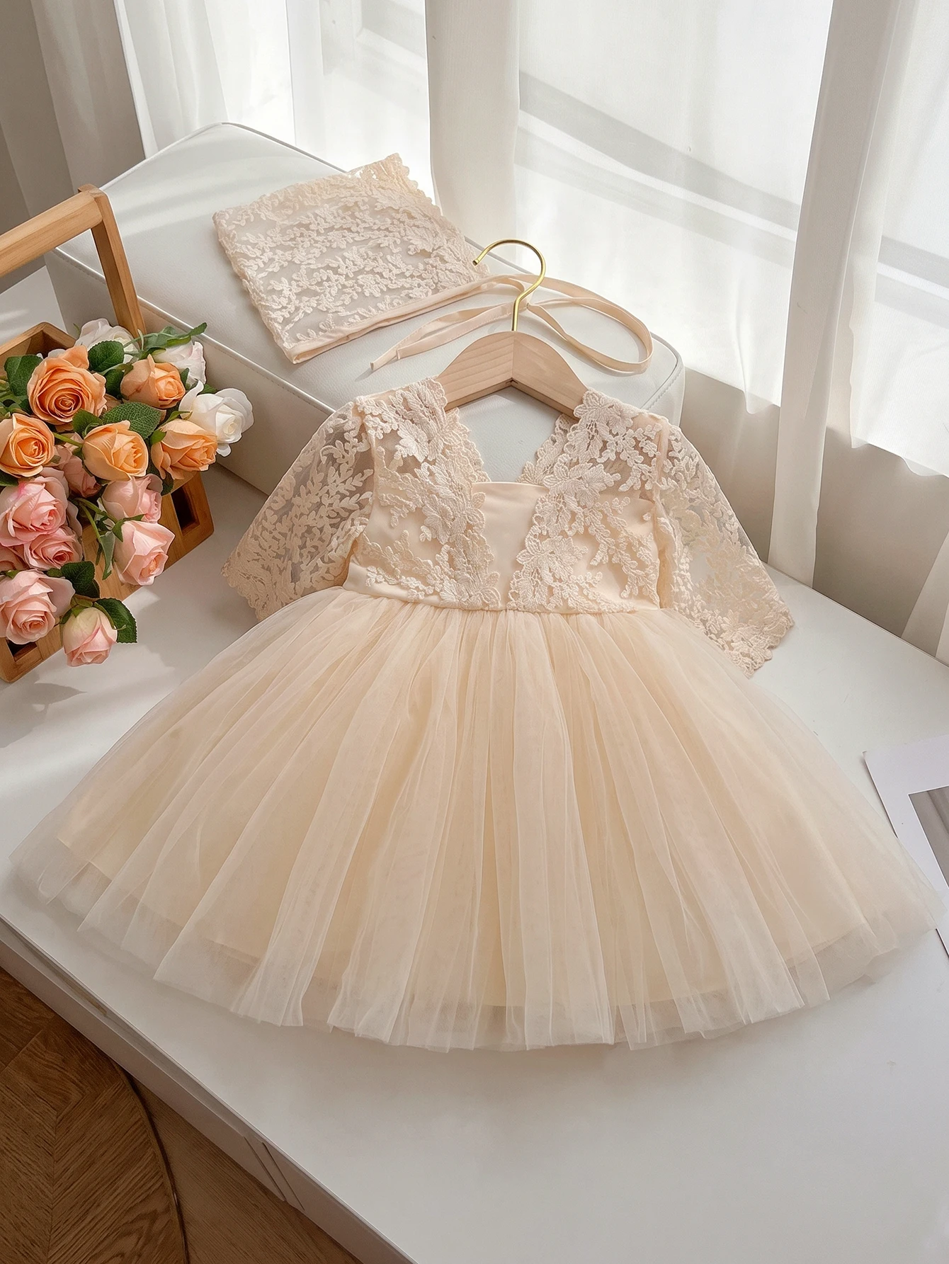 Baby Girls Champagne Lace Bodice Satin Bow Tulle Dress Short Sleeve Princess Party Gown For Birthday Gift Photoshoot Celebration