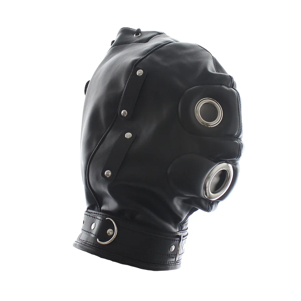 Black PU Leather Sexy Masks Hood for Fetish Cosplay Party Games Face Mask Metal Buckle Punk Blindfold Hood Adult Role Play