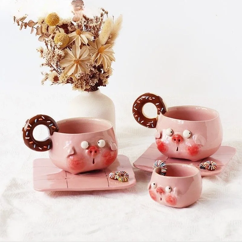 Coffee cup pink, pig cute donut, weird glaze with saucer, low-color high-temperature ceramic.