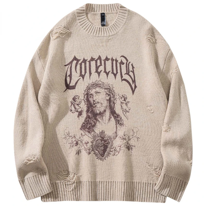 High Street Ripped Sweater Gothic Pattern Harajuku Streetwear Knitted Jumpers Men Oversized Couple Hip Hop Pullovers Y2K Autumn