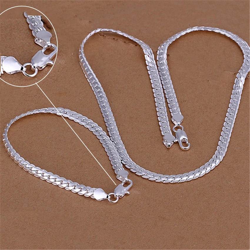 

925 Sterling Silver Christmas Gifts European Style 6MM Flat Chain Necklace Bracelets Fashion for Man Women Jewelry Sets S085