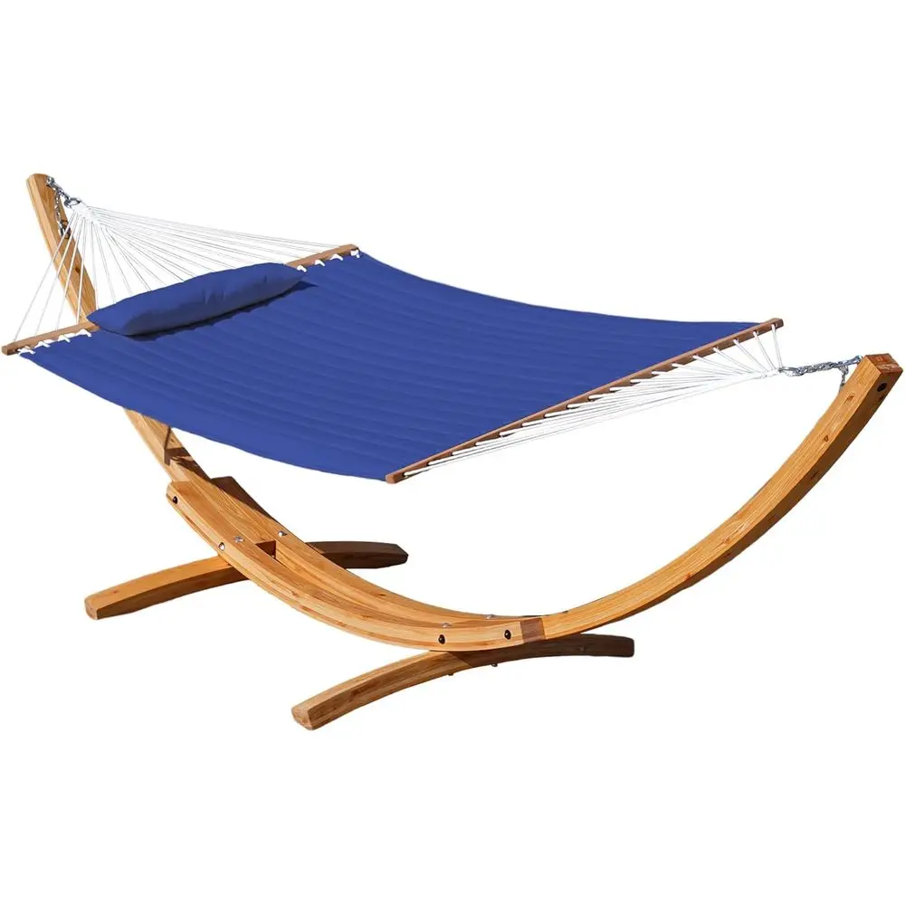 

Double Layer Quilted Fabric Hammock with Natural Wood Arc Stand, Spreader Bar, Removable Pillow, 2-Person Outdoor Patio, 450 lbs