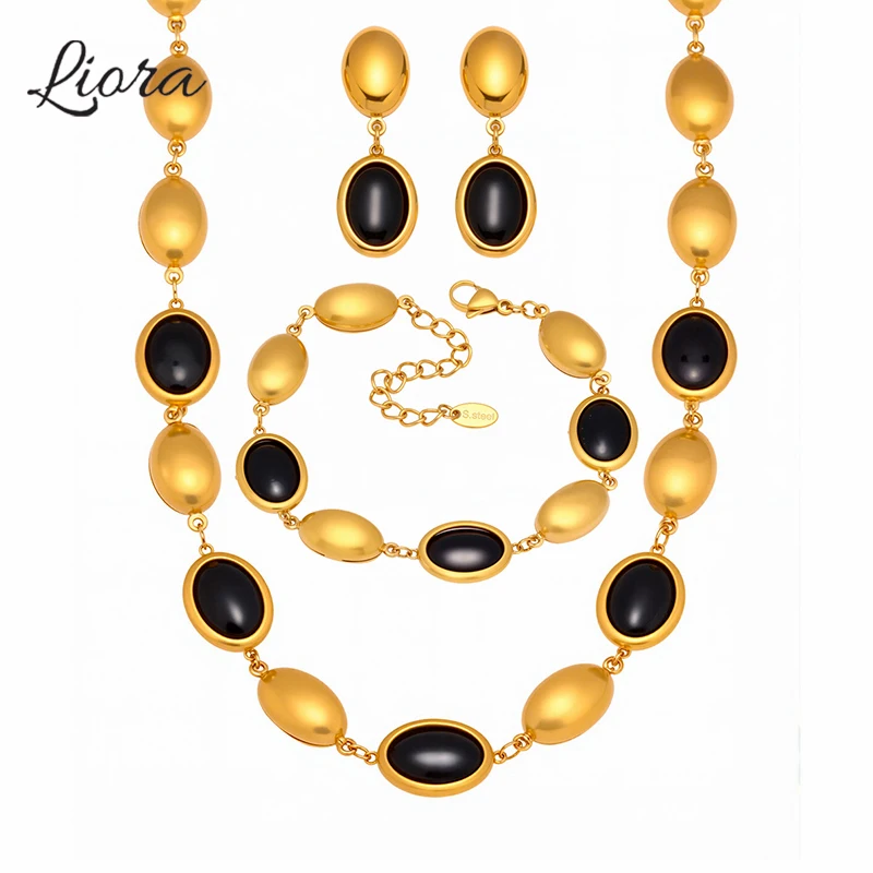 Liora Multiple Color Opal Charm Necklaces Bracelets Earrings For Women Oval Stainless Steel Brushed Engagement Jewelry Set