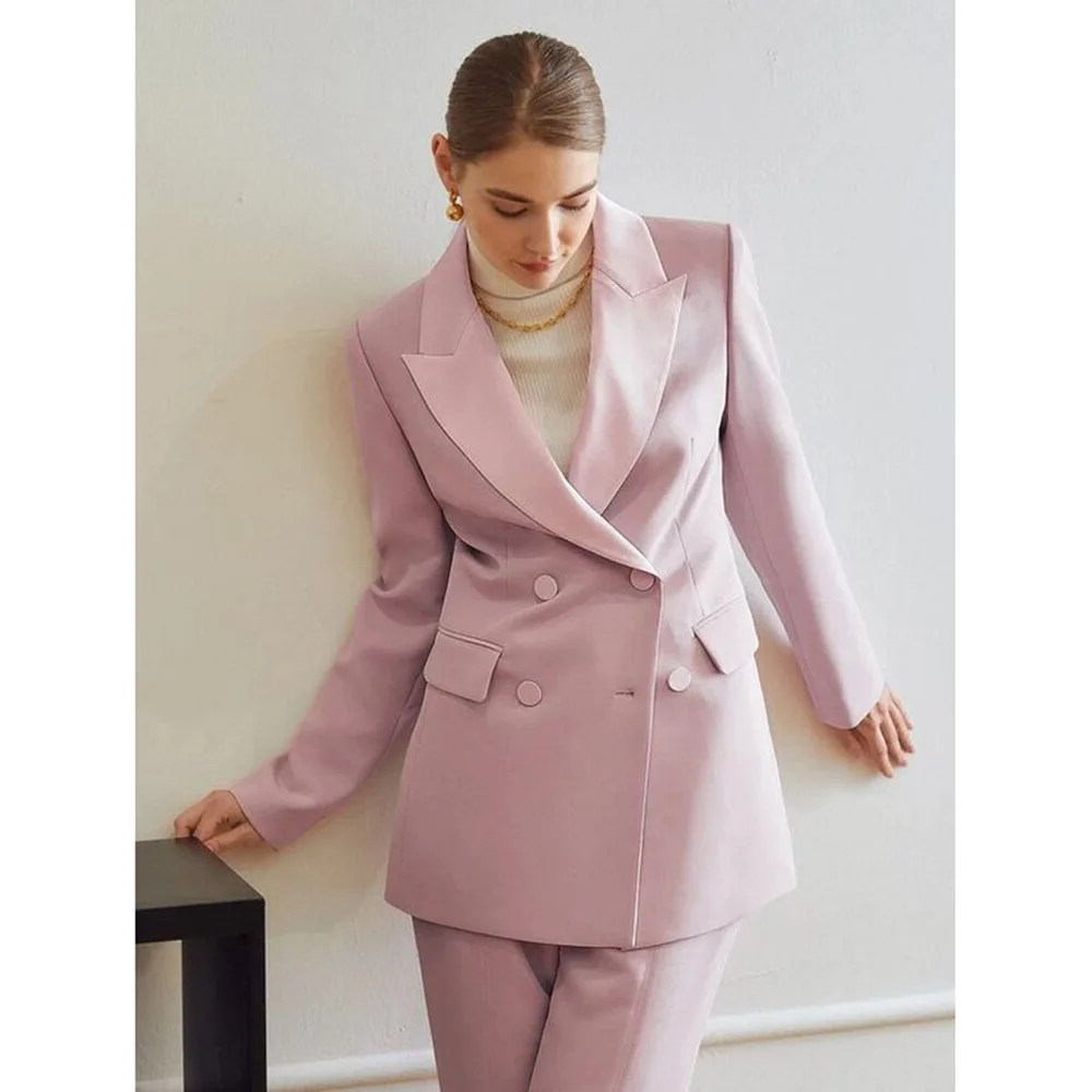 Pretty Women 2 Pieces Sets Outfits Double Breasted Pink Jacket Pants Suits for Ladies Smart Office Banquet Female Costume