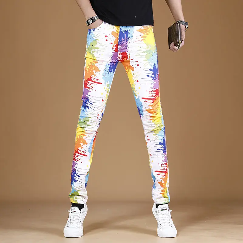 Light Luxury Men’s Street Fashion Colorful Print Jeans,Slim-fit Korea Version Stretch Denim Pants,Trendy Casual Jeans Pants;