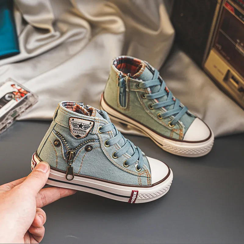Spring Autumn Children High-Top Denim Canvas Skate Shoes Kids Soft-soled Non-slip School Shoes Boys Girls Campus Vulcanized Shoe