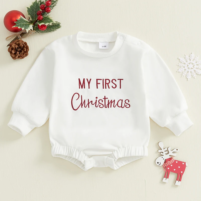 Baby Girls Boys Sweatshirts Rompers Christmas Clothes Letter Pattern Long Sleeve Toddler Fall Bodysuits for 0-12 Months