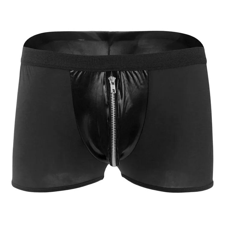 Men's fun underwear underwear middle waist ice silk imitation leather zipper boxer pants