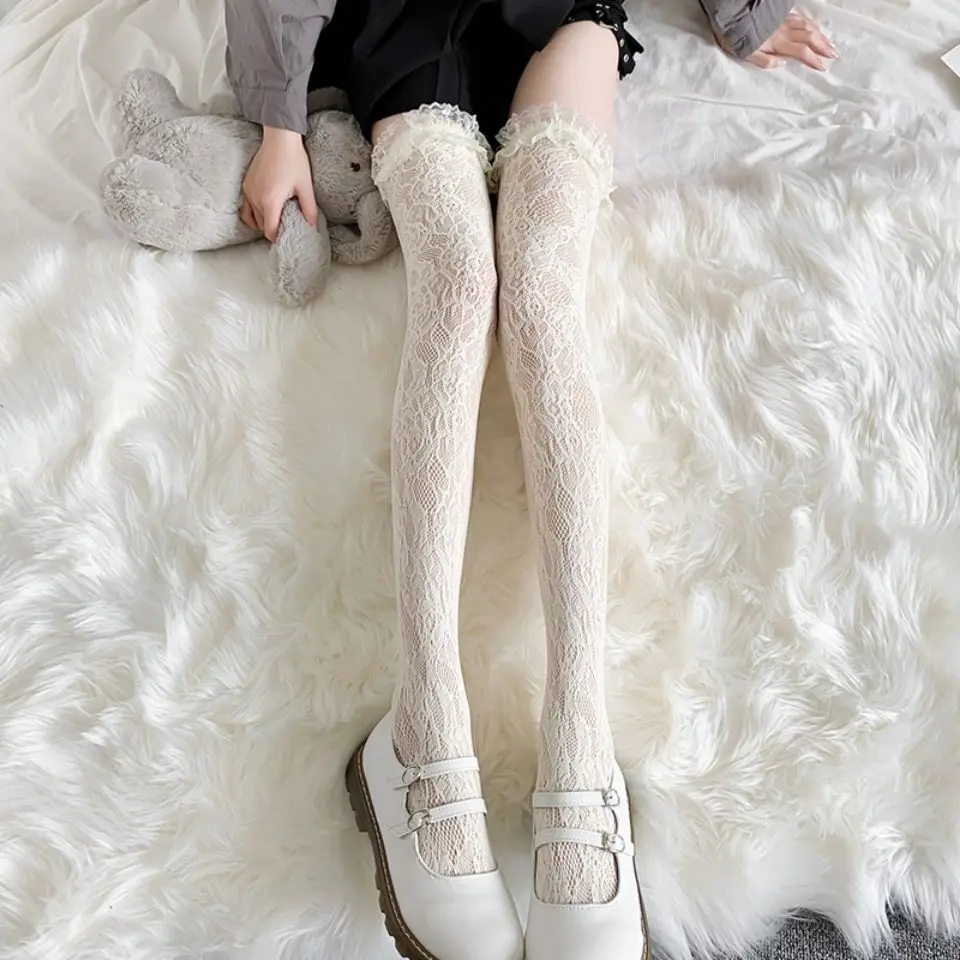 Lolita Long Lace Over The Knee Socks Lolita White Silk Calf Socks Summer Thin Jk Lace Socks High Knew Thigh High JK Socks