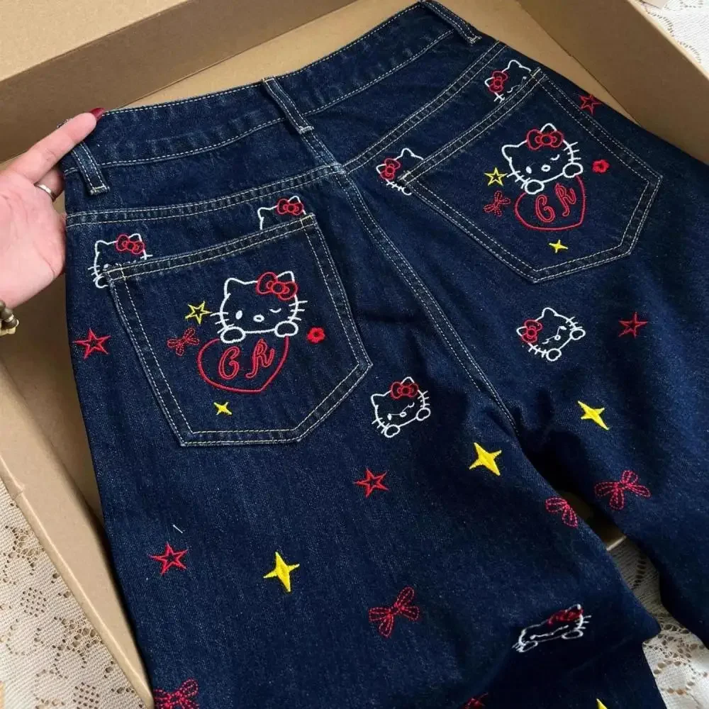 アメリカンスタイル Y2K ハローキティデニムパンツサンリオアニメガールズジーンズかわいい新しい女性夏猫刺繍スリムストレートパンツ