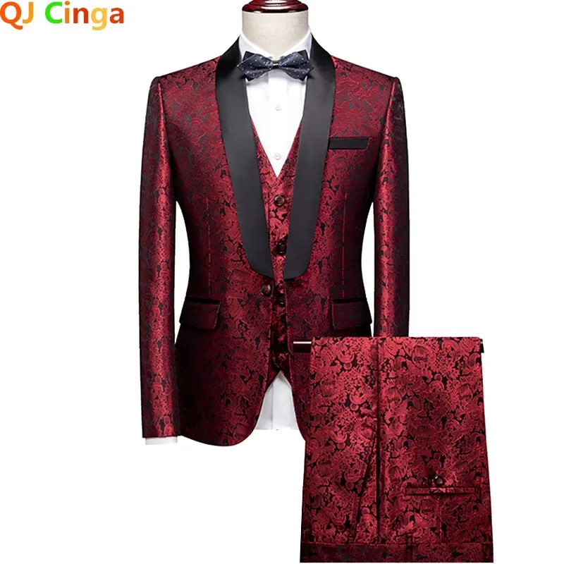 

Мужской костюм-тройка винно-красного цвета, синяя свадебная вечеринка, куртка и жилет с брюками, облегающие мужские комплекты азиатского размера, M-5XL 6XL.