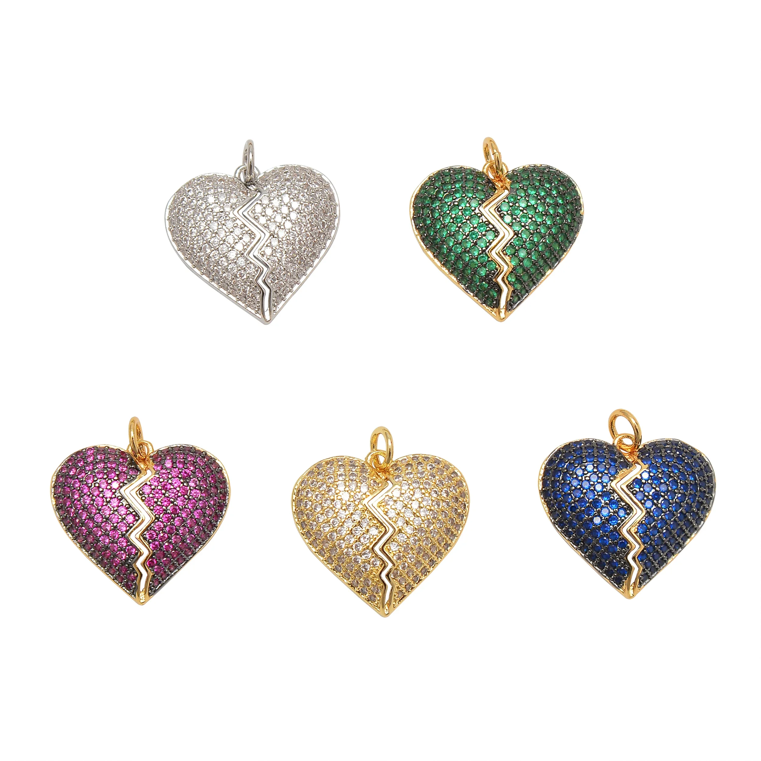 Cracked Heart Pandent for Jewelry Making Supplies Paved Zircon Artificial Gems  Accessories Diy Necklaces Earrings Chains Charms