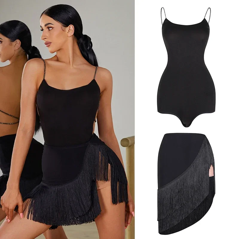 

ZYM Latin Dance Clothes Women Crystal Strap Tops Black Tassel Skirt Adult Practice Clothing Cha Cha Rumba Dance Dress DNV19729