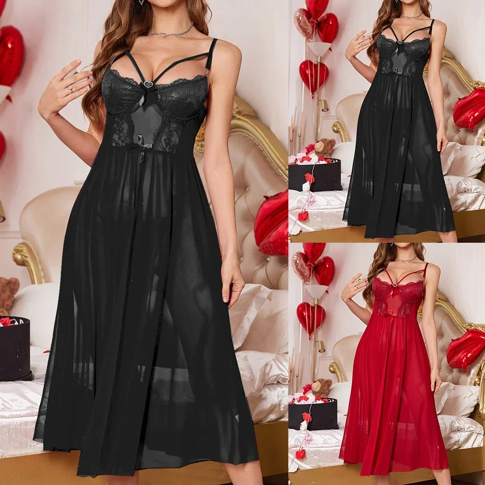 Женское сексуальное женское белье, ночная рубашка + стринги, кружевные подтяжки, тонкая пижама, полая экзотическая ночная рубашка, одежда для сна