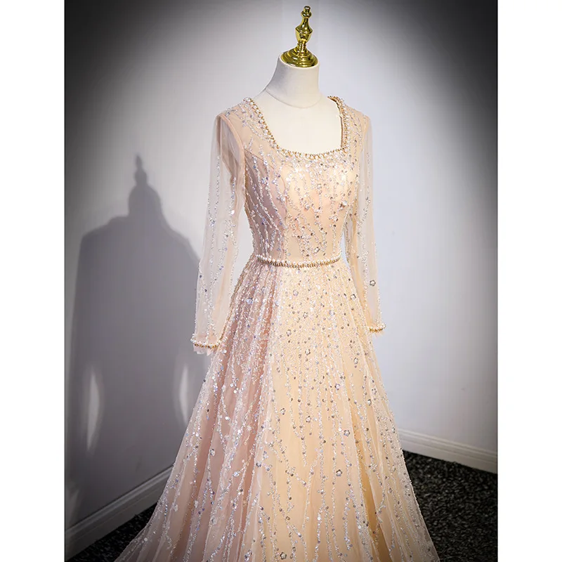 

Роскошные вечерние платья с длинными рукавами, женские трапециевидные платья Vestidos De Festa, блестящие тюлевые пышные вечерние платья для выпускного вечера по индивидуальному заказу