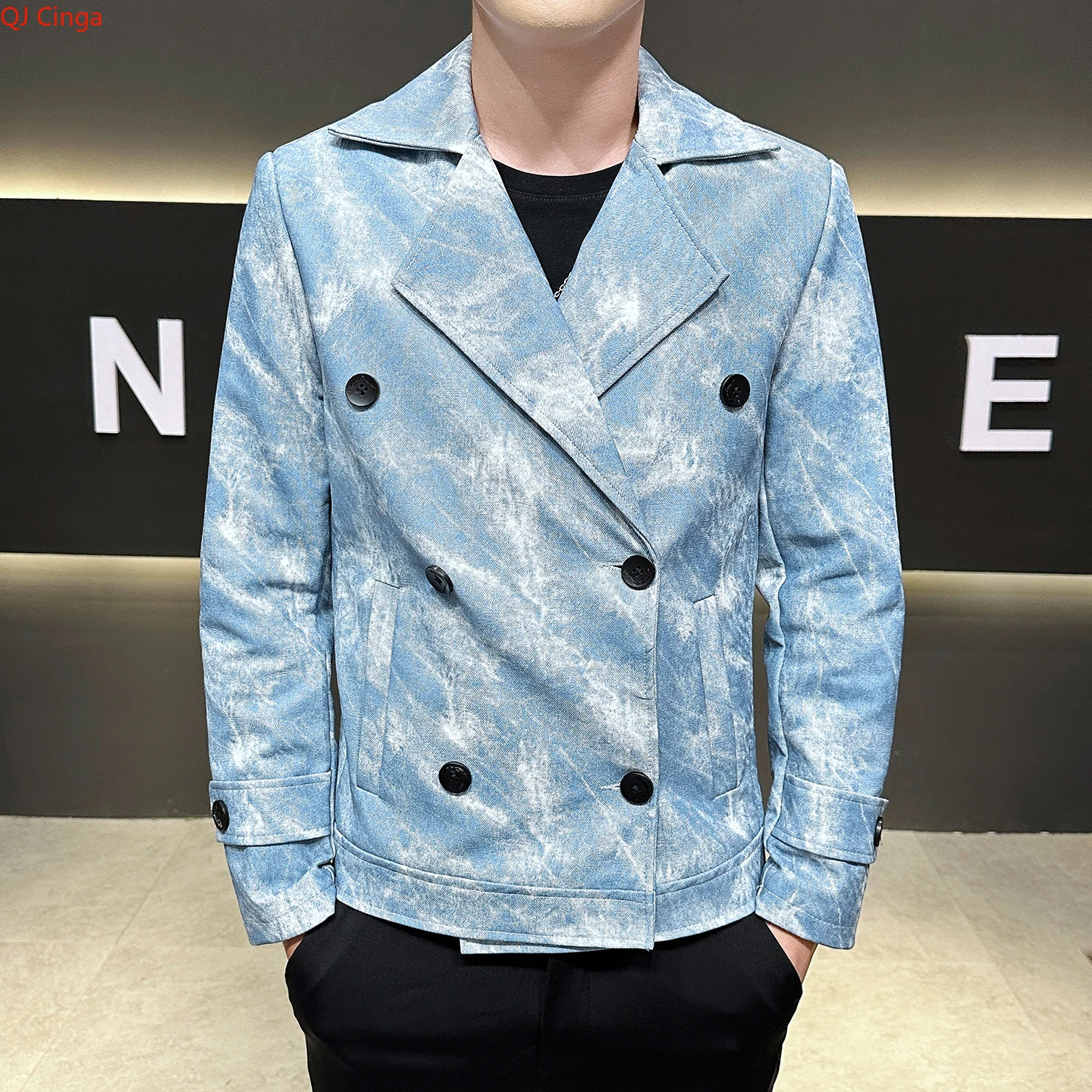 2026 Men's Light Blue Double-breasted Lapel Jacket, Beige PU-coated Coats, Coffee-brown Fashion-fit Top. (Asian Sizes M-3XL)