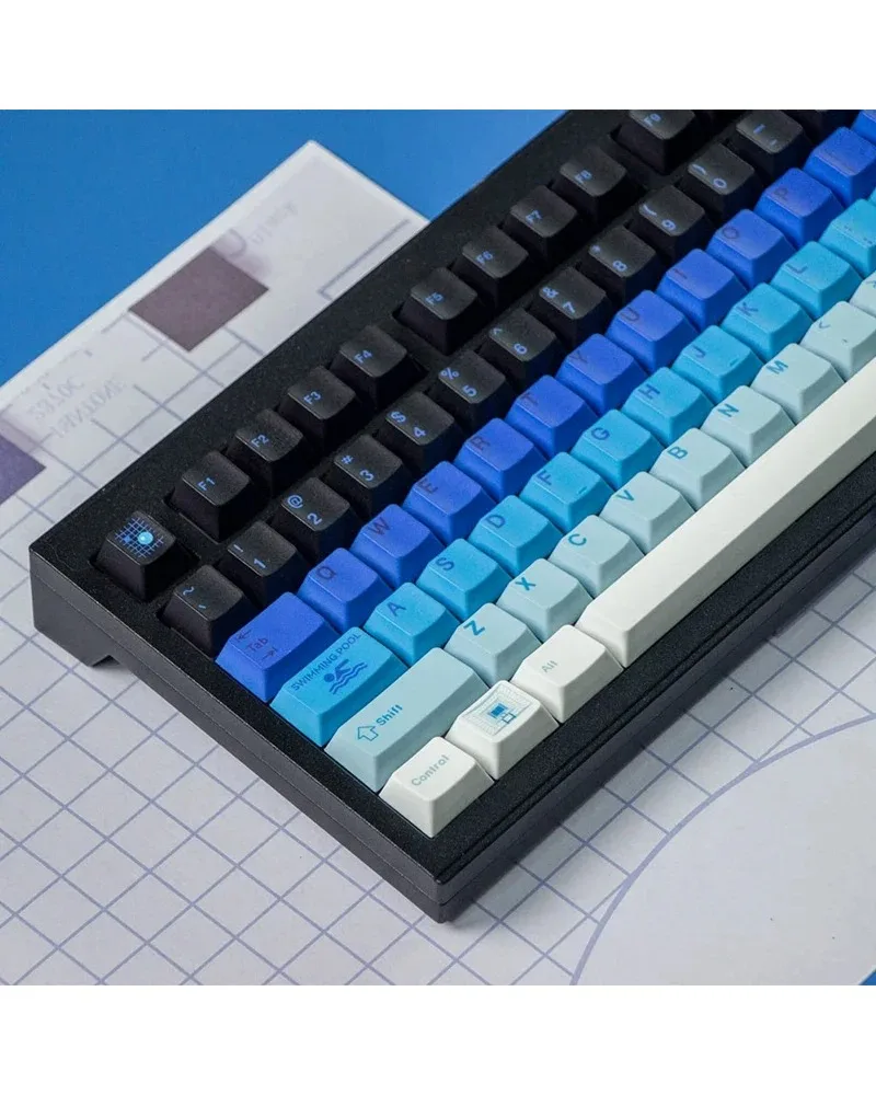 dark blue light blue and black gradient pbt dye sub keycaps full set oem profile for mechanical keyboards